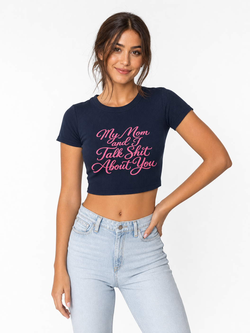 My Mom and I Talk Sh*t About You Ribbed Crop Tee - Navy