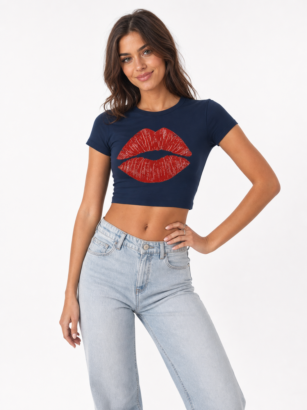 Kiss Mark Lips Crop Tee - Navy