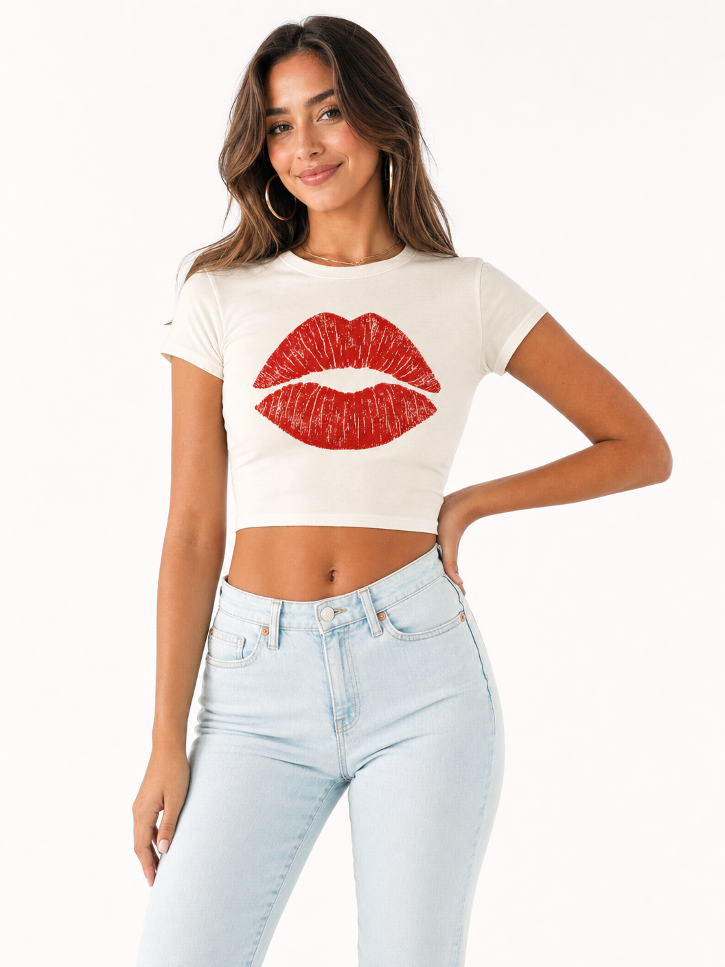 Kiss Mark Lips Crop Tee - Cream