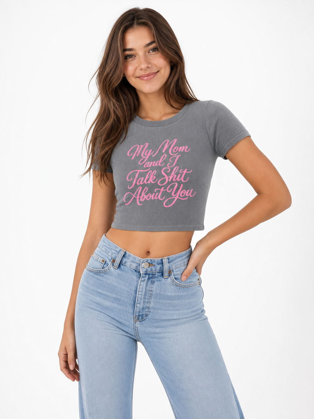 My Mom and I Talk Sh*t About You Ribbed Crop Tee - Grey