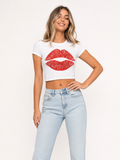 Kiss Mark Lips Crop Tee - White