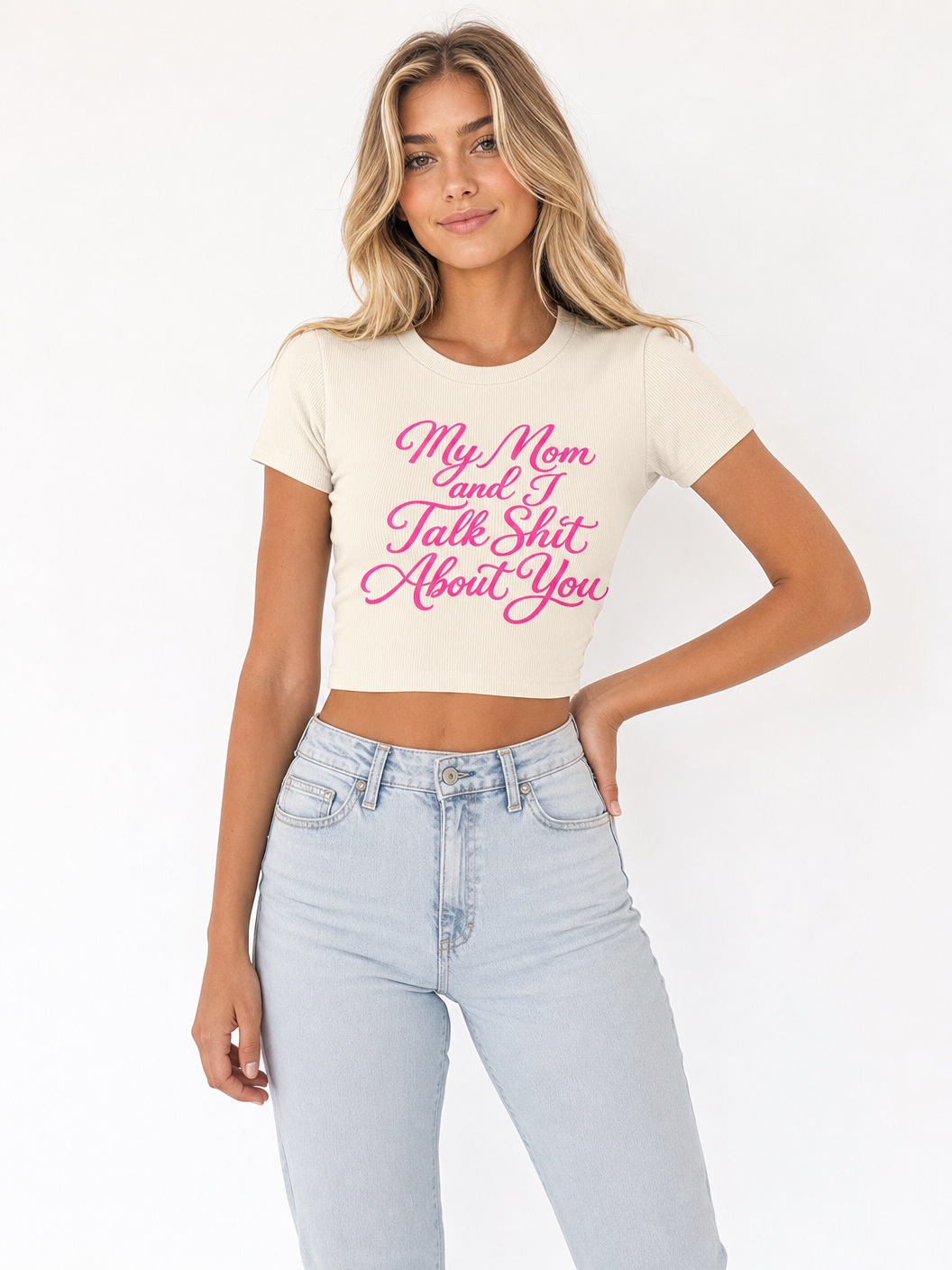 My Mom and I Talk Sh*t About You Ribbed Crop Tee - Cream